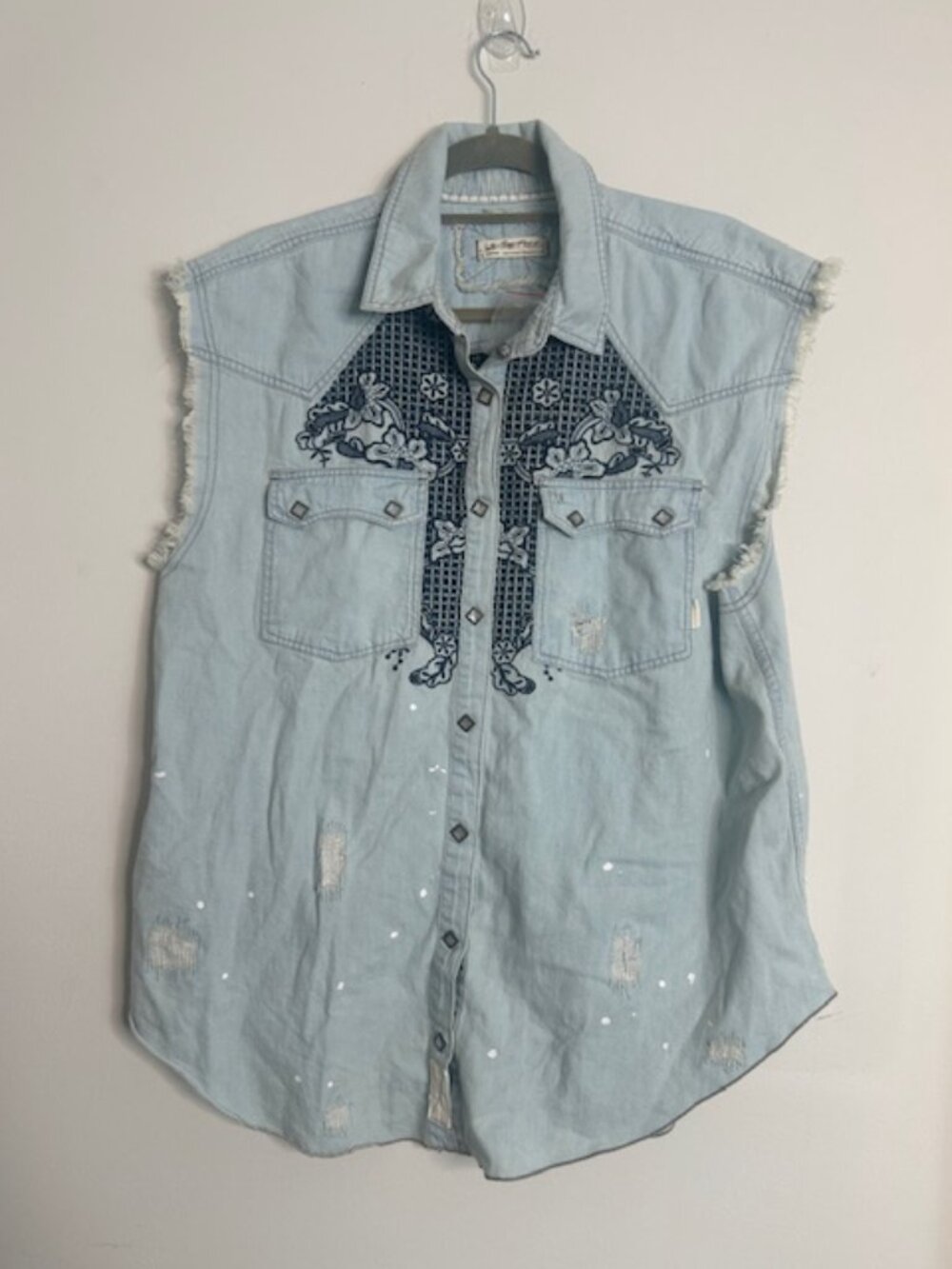 We the Free x Free People Western Wear Cutoff Denim Embroidered Fray Snap Top - Picture 9 of 16